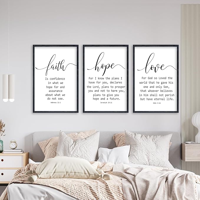 Faith Hope and Love Bible Verses Wall Decor Sign 16x24 Inch Wood Framed Set of 3 Farmhouse Living Room Christian Faith Scripture Art Inspirational Religious Quote Love Wall Hanging (Black)