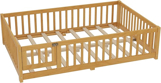 Bellemave Full Size Floor Bed Frame with Fence and Door for Kids, Montessori Floor Bed with Slats and Safety Guardrails,Solid Wood Full Bed Frame for Girls Boys,Natural
