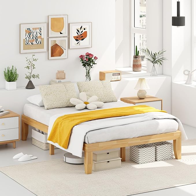 KOMFOTT 14 Inches Wood Platform Bed Frame Full Size, Wooden Mattress Foundation with Rubber Wood Frame, Strong Slats Support, No Box Spring Needed, Bed Frame (Natural)