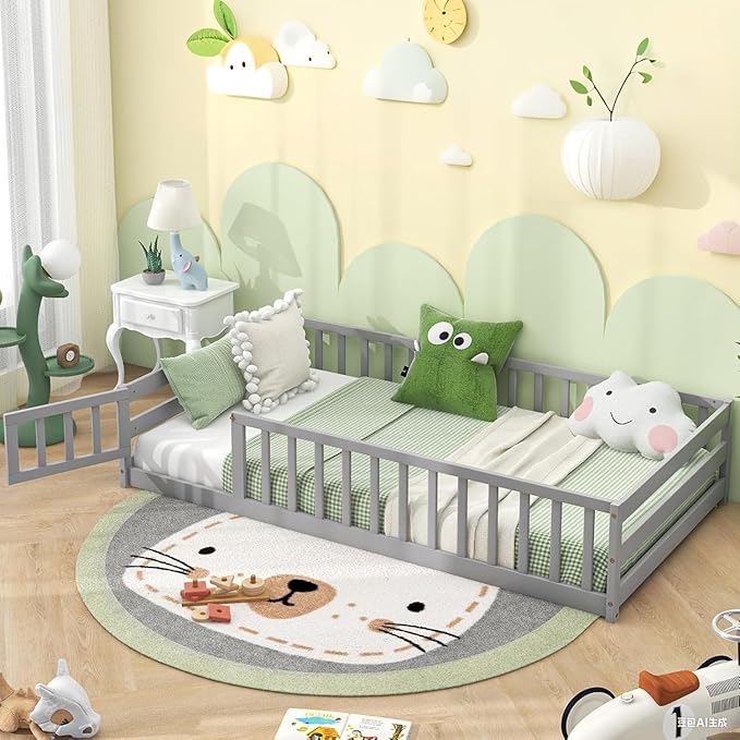 Giantex Twin Floor Bed with Fence for Kids, Wooden Montessori Bed Frame with Lockable Door & Guardrails, Low Floor Beds for Kids, Boys, Girls, No Box Spring Needed, Without Wood Slats, Grey