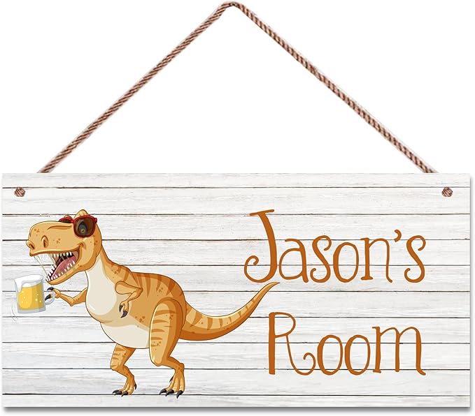 Personalized Sign Cute Dinosaur Sign Cartoon Art Décor For Kids Room Custom Name Door Wall Decor, Floral Nursery Art Plate For Boys Room Girls Bedroom Little Man Cave