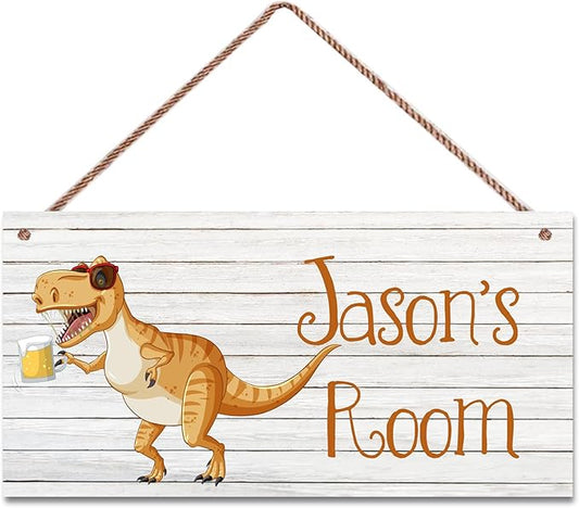 Personalized Sign Cute Dinosaur Sign Cartoon Art Décor For Kids Room Custom Name Door Wall Decor, Floral Nursery Art Plate For Boys Room Girls Bedroom Little Man Cave