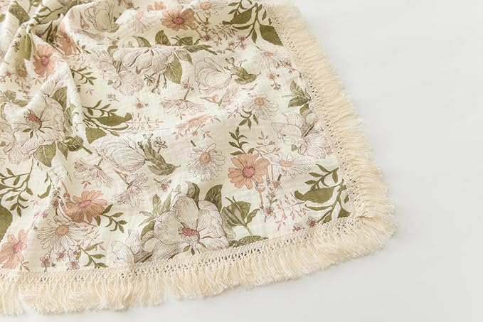 Little Jump Cotton Muslin Swaddle Blankets with Tassel, Boho Bohimia Muslin Baby Blanket Neutral with Fringe, Vintage Teddy Bear Nursery Decor Muslin Throw Blanket 47" x40" (Vintage Blossom)