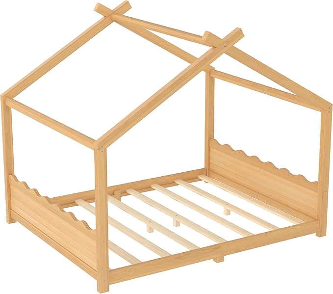 Queen Size Wooden House Floor Bed - Kids Bed Frame with Roof & Support Slats for Bedroom, No Box Spring Needed, Easy Assembly (Natural)
