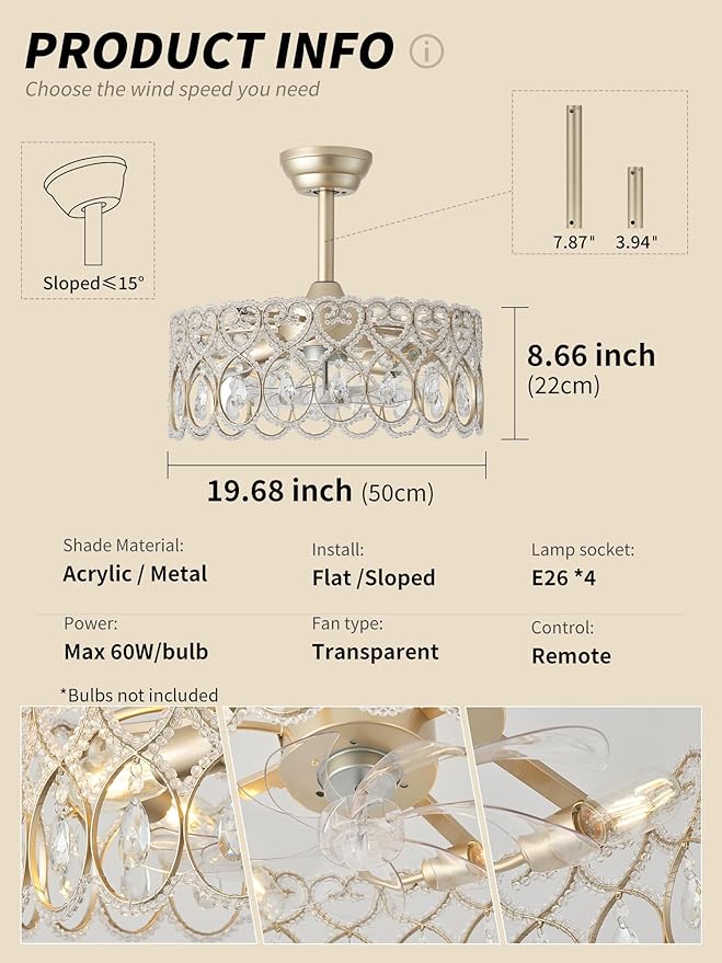 20" Gold Crystal Fandelier Ceiling Fans with Lights, Gold Chandelier Ceiling Fan with Light Remote Control, Mid-Century Modern Caged 6 Speeds for Bedroom, Nursery, Foyer, Living Room