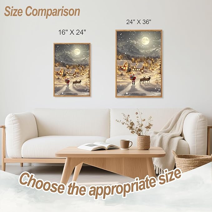 CHDITB Christmas Village Wall Art Set, Santa Claus and Reindeer Wall Decor, Moonlit Winter Artwork, Xmas Snowy Landscape Painting, Vintage Christmas Decor for Living Room Bedroom Fireplace 16"x24"x3