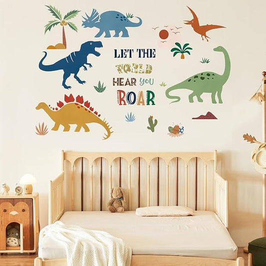 Boho Dinosaur Wall Decals with Palm Trees - Peel and Stick Dinosaur Wall Decor for Boys Room, Kids Bedroom, Playroom