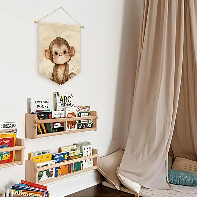 Safari Nursery Decor, Baby Monkey Cute Wall Art,Kids room Canvas Banner, Woodland Nursery Decor, Watercolor Animal Monkey for Living Room Bedroom, Hanging Pennant Flag Banner 15x11in