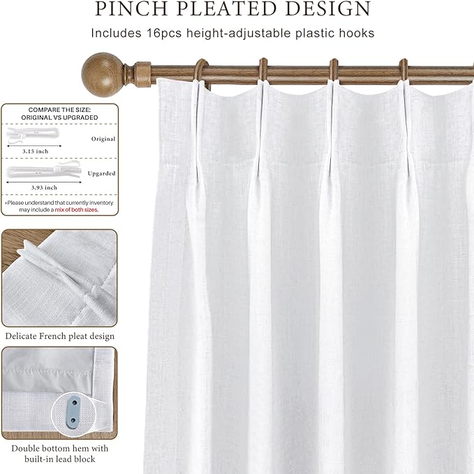 IVAPUPU Linen Pinch Pleated 100% Blackout Curtains for Bedroom - 2 Pages Black Out White Curtains 63 Inch Long 2 Panel for Living Room Darkening Thermal Window Curtain Drapes with 16pc Hooks