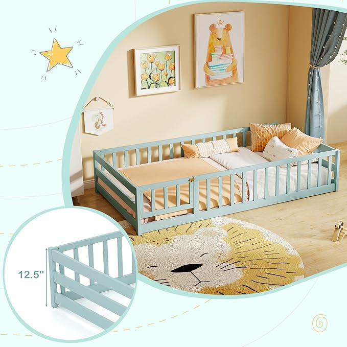 KOMFOTT Twin Size Wood Floor Bed with Door & Fence, Montessori Bed Frame with Full Length Safety Guardrails, Door & Latch, Wooden Montessori Floor Bed for Kids, Girls, Boys (Twin,Green)