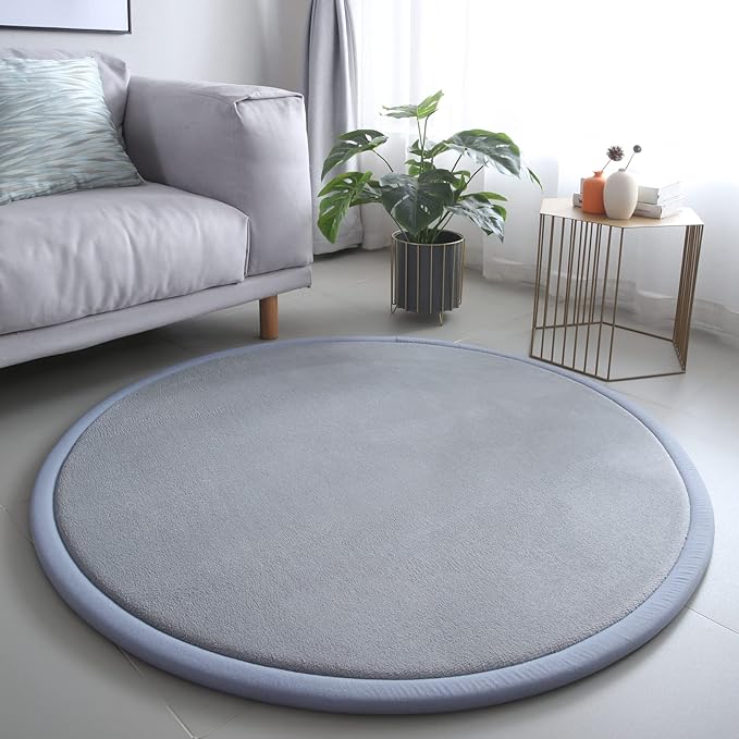 Loartee Thick Kids Round Rug - Coral Velvet Area Rugs, Memory Foam Circular Carpet for Nursery Playroom Home Decor Dormitory, Diameter 55 inch, Gray