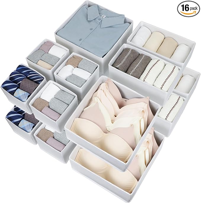 16 Pcs Drawer Organizer,Fabric Closet Organizer and Storage Baskets,Foldable Drawer Divider for Clothing,Sock,Ties,Underwear Drawer Organizers,Cabinet Storage Boxes (White)