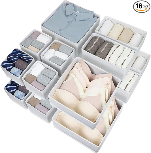 16 Pcs Drawer Organizer,Fabric Closet Organizer and Storage Baskets,Foldable Drawer Divider for Clothing,Sock,Ties,Underwear Drawer Organizers,Cabinet Storage Boxes (White)