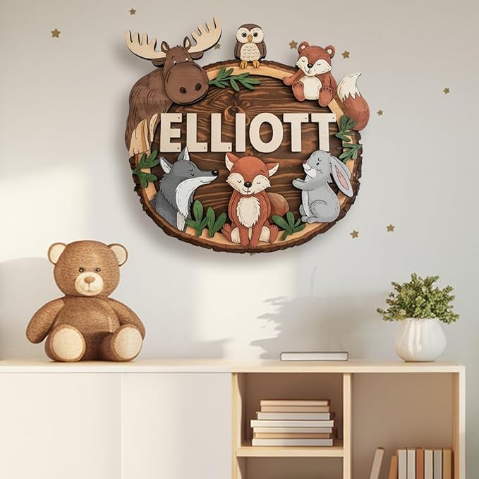 Personalized Baby Name Wooden Sign, Animals, Nursery Decor, Baby Gifts, Custom Name Sign, Wall Art, 8 Inch, Rustic