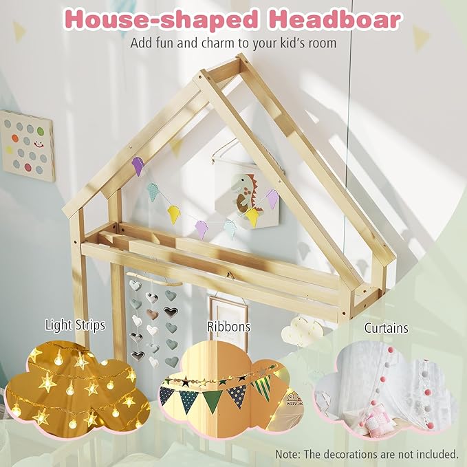 MAT EXPERT Twin Floor Bed with House-Shaped Headboard, Montessori Kids Bed with Detachable Clothes Hanger, Full Length Safety Guardrails, Solid Wood Twin Bed Frames for Kids (Natural)