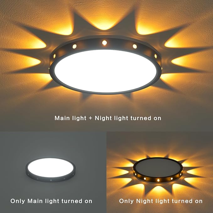 12in Flush Mount led Ceiling Light fixtures.24W Ceiling lamp with Night Light for Bedroom, Kids Room,Hallway Baby’s Nursery Black Round