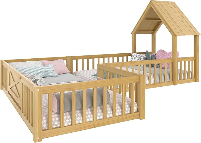 Harper & Bright Designs Twin Size House Shaped Double Floor Bed with Door and Full-Length Guardrails, Solid Wood Kids Montessori Floor Bed for Girls Boys, Multi-Function, Natural