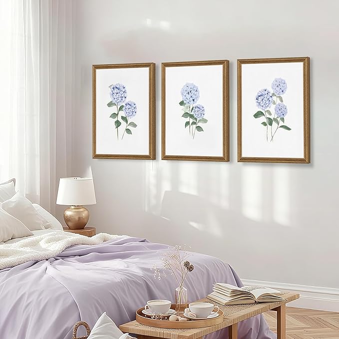 WRFON Hydrangea Wall Art, Blue Floral Wall Decor, Blue Watercolor Botanical Poster Wall Decor, Modern Minimalist Botanical Canvas Painting Print for Living Room Bedroom Wood Framed 16"x24"x3