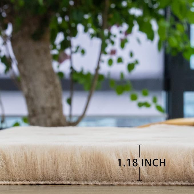5x8 Area Rug Light Brown Beige Plush Shaggy Rugs for Bedroom Washable Faux Rabbit Fur Rug for Living Room Fluffy Large Nursery Rug Home Décor