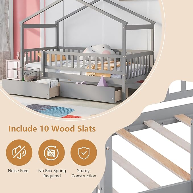 Aoowow Twin Size House Bed with Storage Drawers,Kids Wooden Bed Frame Twin House Bed with Slats and Fence for Boys Girls Teens for Bedroom(Grey)