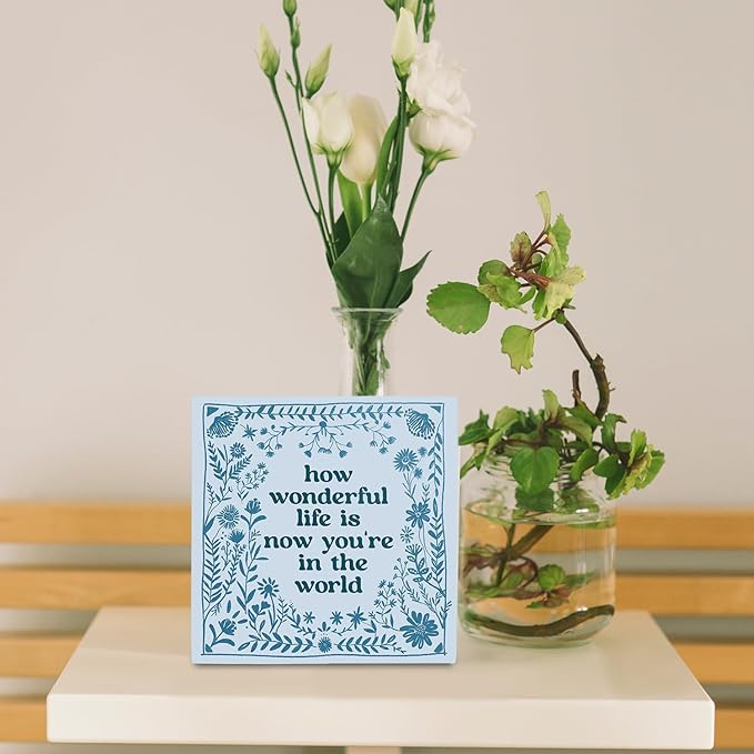 How Wonderful Life Is Now You're in the World Wood Box Sign 5×5 Inches, Boho Floral Wood Sign for Nursery Kids Boy Girl Newborn Teen Bedroom Home Desk Tabletop Shelf Decor
