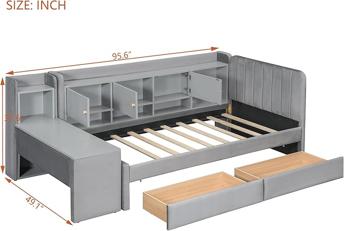 Twin Size Daybed with Desk, Storage Drawers and L-Shaped Bookshelf Headboard, Velvet Upholstered Soft Corner Bed with Flip Cabinets and Shelves for Kids Boys Girls, Gray