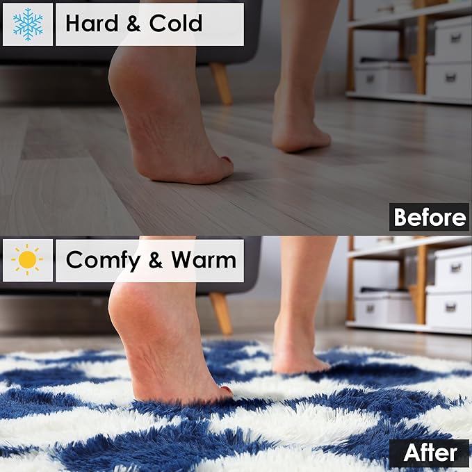 KICMOR 8x10 Area Rugs for Living Room, Large Fluffy Soft Checkered Shag Shaggy Bedroom Carpet, Navy Blue and Cream White Big Fuzzy Plush Rug for Kids Boys Girls Dorm Nursery Home Decor Aesthetic