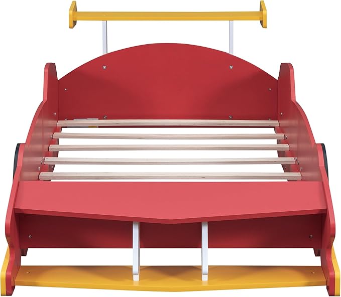 Twin Size Race Car-Shaped Platform Bed Bedframe with Wheels 98.7" L x 41.7" W x 26.5" H, Red