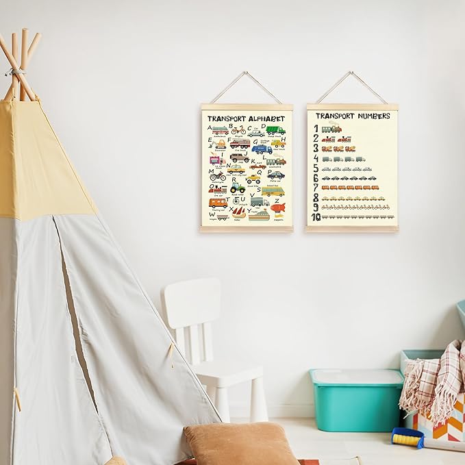 CGBHW Educational Transport Alphabet Numbers Poster Hanger Frame Set of 2 12x16, Vehicle Construction Learning Posters Wall Art Hanging Decor for Toddler Boy Kids Room Playroom Nursery
