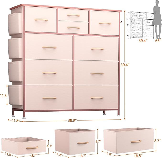 10 Drawer Dresser, Chest of Drawers for Bedroom, Fabric Dresser Drawers with Side Pockets, Hooks, Wooden Top and Sturdy Metal Frame for Living Room, Closet, Hallway (Pink)