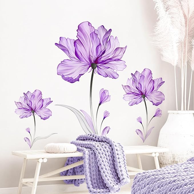 Tanlaby Purple Flowers Wall Stickers Large Floral Blossom Wall Decals Plants Wall Sticker Self-Adhesive Removable Wall Art Sticker for Living Room Bedroom Offices Bathroom Wall Decoration