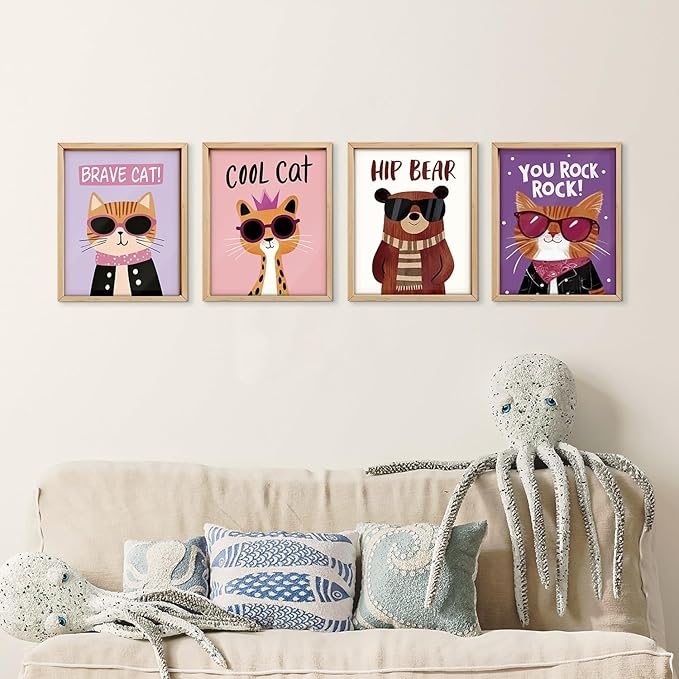 VONTP Funny Cat Bear Wall Art Decor, Cat Bear Animal Nursery Prints Poster Wall Decorations for Kids Boys Girls Nursery Toddler Room Bedroom Playroom Classroom, 8x10 Inch Set of 4 (Unframed)