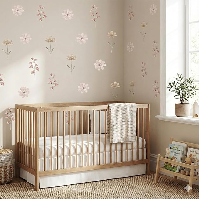 28Pcs Boho Floral Wall Decor Decals, Removable Pink Watercolor Wildflower Stickers for Nursery, Girls Room, Dorm and Headboard Art