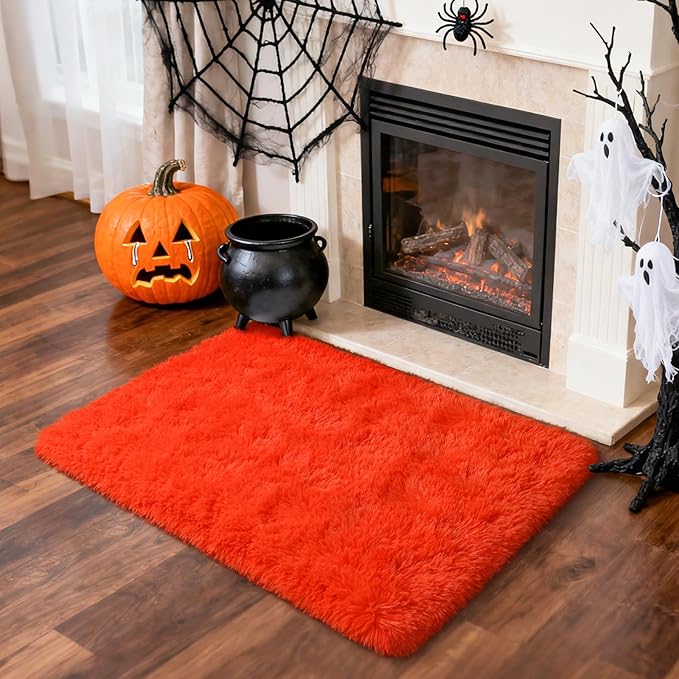 Merelax Fluffy Rug Shaggy Area Rug, Orange Red 2x3 Small Rugs for Fireplace Holiday Dearations, Mini Fuzzy Plush Kids Bedside Rug, Soft Non-Slip Entryway Throw Rugs Shag Catpet for Living Room