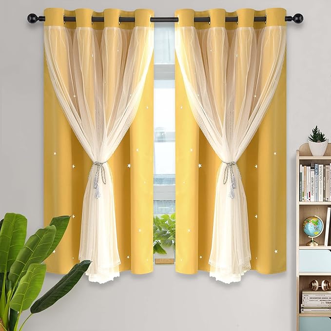 Kinryb Blackout Curtains for Girl Bedroom/Living Room/Classroom, Sheer Overlay Small 2 Panel Set, Double Layer Curtains with Star Cutout for Kids Room(W 52 x L 45 Inches,Yellow 2 Pcs)