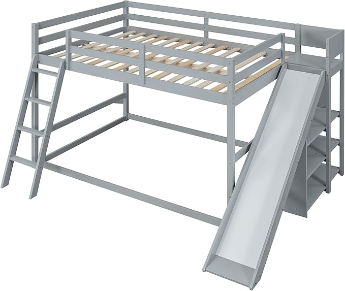 Full Over Full Bunk Bed with Ladder, Wooden Bunk Bed Frame with Slide and Shelves, Low Bunk Bed for Kids Teens Adult, Space-Saving Bedroom Dormitory Furniture (Gray + Pine-05)