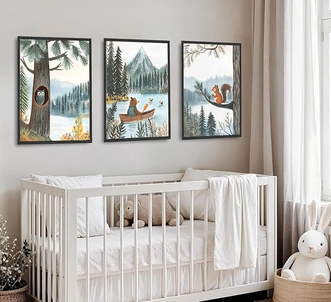 3 pcs Woodland Animal Nursery Wall Art Whimsical Kids wall decoration pictures Bear Owl Squirrel Illustrations Posters Prints for Playroom Toddler Bedroom Home Decor Unframed (16x24in poster)