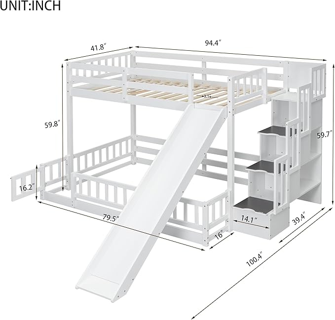 Twin Over Full Bunk Bed with Slide, Solid Wood Bunk Bed with Safety Guardrails and Storage Staircase for Kids Teens Boys Girls Bedroom, Space Saving Design (White-30c)