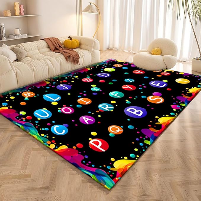 Colorful Painting Area Carpet, 4x6ft, Rainbow ABC Alphabet Playroom Rugs, Foldable Durable Durable Washable Area Rugs, Soft Reduce Noise Cozy Low Pile Mats for Bedside Dorm