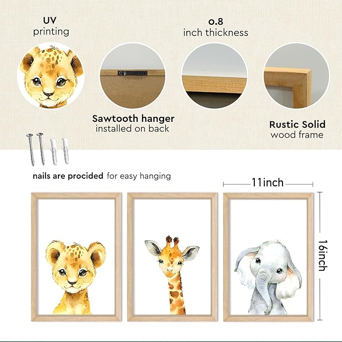YWJKWLGS Baby Safari Nursery Wall Decor 16"x11" Set of 3 Cute Animal Giraffe Elephant Lion Prints Sign Wood Framed for Children's Room Wall Art (Wood)