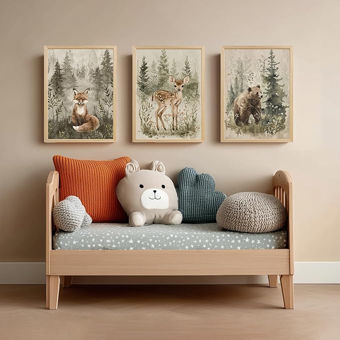 kilamino Wood Framed Woodland Animal Nursery Wall Art, Cute Fox Bear Deer Wall Decor, Neutral Wildlife Animal Art Prints, Funny Nature Forest Animal Canvas Paintings for Baby Room Playroom 16"x24"x3