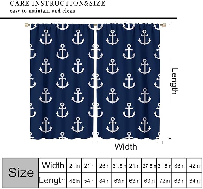 Nautical Costal Curtains,MarineThemed Oceanic Anchor Pattern Blackout Print Home Bedroom Living Room Window Treatments 2 Panel Set 42x45 Inch