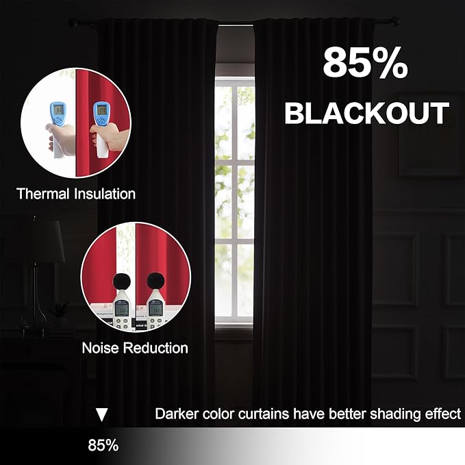 DUALIFE Extra Long 132 Inch Curtains Red Back Tab Loop Pocket Thermal Insulated Blackout Curtain Drapes for High Ceiling Living Room 52 by 132 Inch 11 FT/Foot Length 2 Panels