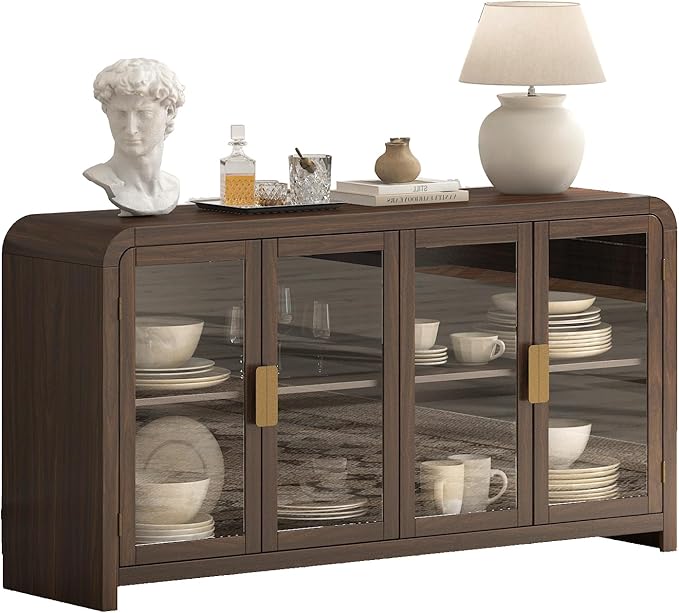 Oak&Sparrow Oak Sideboard Buffet Cabinet with Storage, 60'' Boho Buffets & Sideboards with Adjustable Shelves, Sideboard Cabinet with 4 Glass Doors for Living Room, Hallway & Kitchen