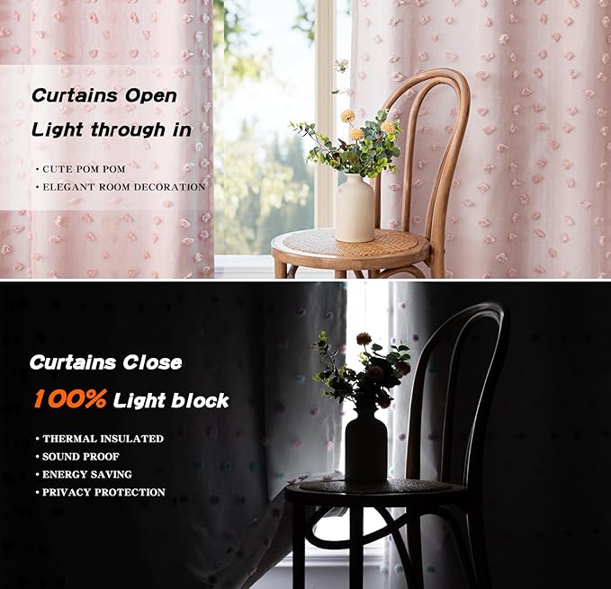 MYSKY HOME 100% Blackout Curtains for Girls Bedroom 95 Inch Long Total Room Darkening Curtain for Living Room 2 Panels Grommet Light Blocking Sliding Door Drapes Blush Pink Pom Pom Sheer 52 x 95 Inch