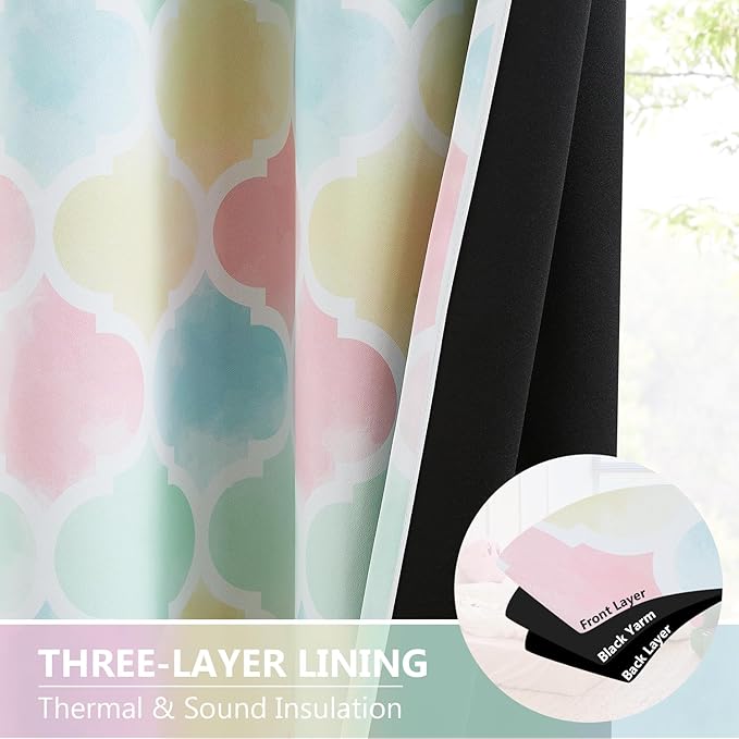 Moroccan 100% Blackout Curtains 90 Inches Long Geo Pink Window Drapes for Kids Girls Bedroom Thermal Insulated Noise Reducing Grommet Window Treatments Sets, 52x90, Multi-Color 2 Panels