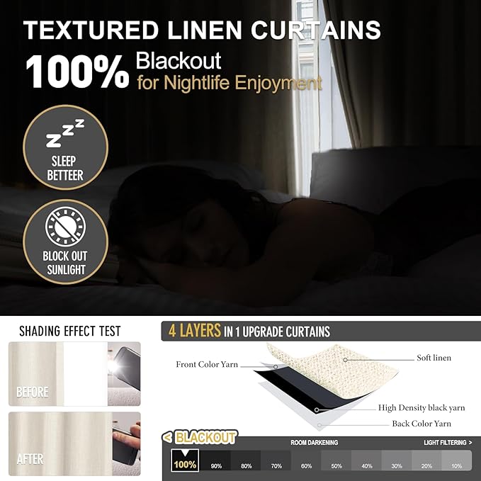IVAPUPU Cream Beige Pinch Pleated Full Blackout Linen Curtains for Bedroom, Black Out Curtains 90 Inches Long for Living Room Darkening Thermal Insulated Neutral Pleat Drapes with 16 Hooks, 2 Panels