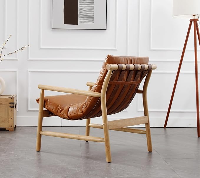 Faux Leather Accent Chair Set of 2 Mid Century Modern Living Room Chairs Comfy Arm Chair with Solid Wood Frame Upholstered Lounge Reading Chair Cozy Recliner for Bedroom/Guest Room, Brown