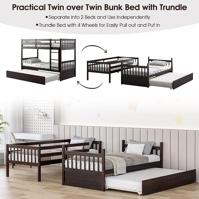 KOMFOTT Wood Twin Over Twin Bunk Bed with Trundle, Solid Pine Wood Bunk Bed Frame with Ladder & Safety Guardrails, Space-Saving Convertible Twin Bed Frame for Home & Dormitory, No Box Spring Needed