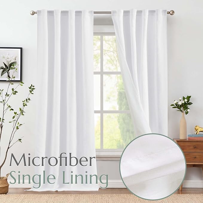 jinchan Linen Curtains with Privacy Lining 96 Inch Length White Farmhouse Closet Lined Drapes for Small Narrow Window Bedroom Living Room Bay Window 2 Panels Rod Pocket Back Tab